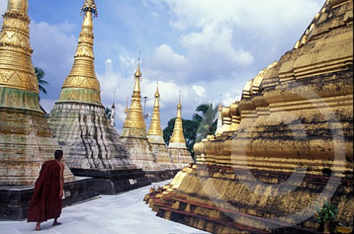 Photo of a monk at Schwedagon Pagoda in Rangoon, Burma
