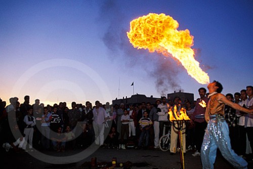 Photo of a fire eater in Marrekesh, Morocco