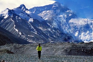 Becky Green Aaronson running at Mt. Everest Base Camp in Tibet